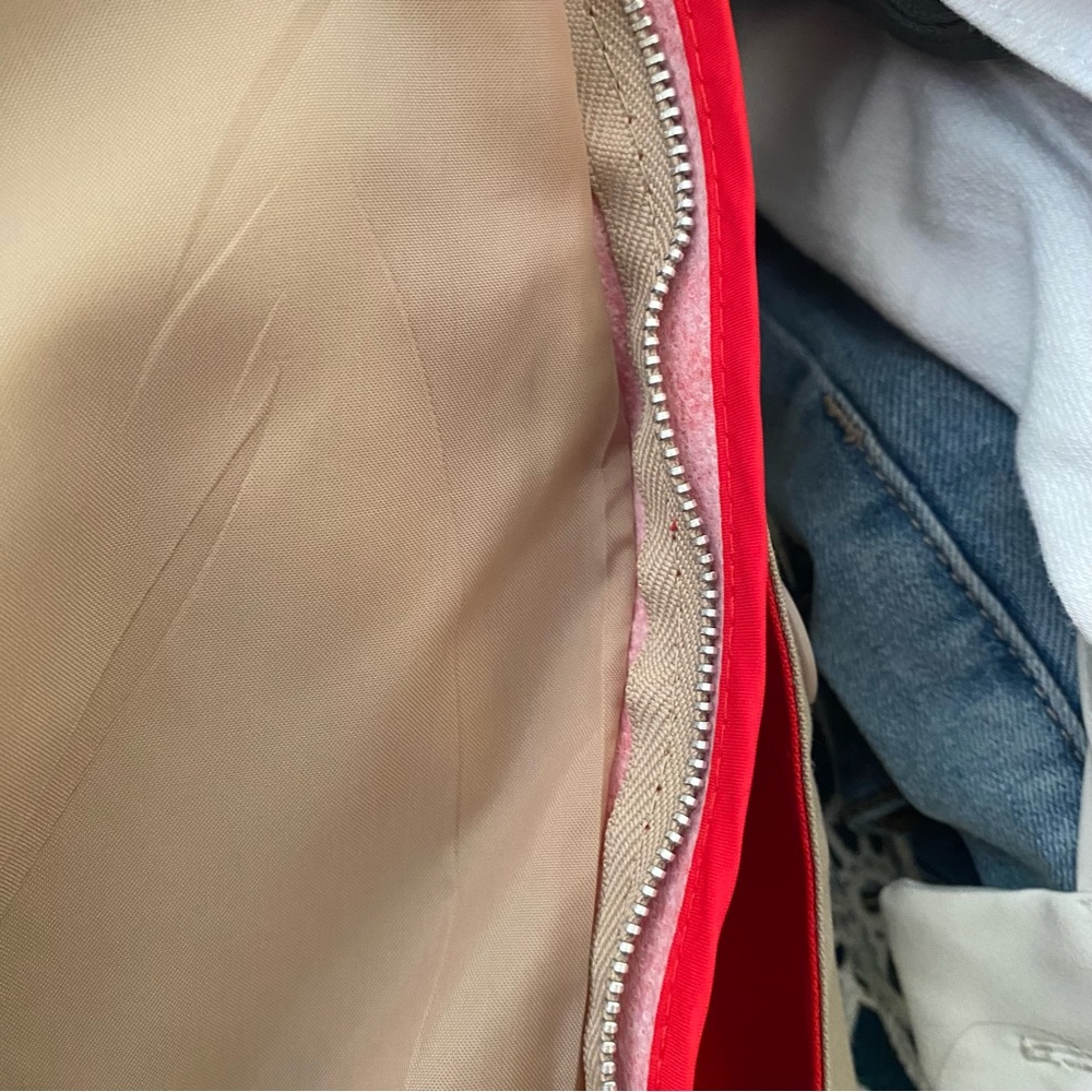 Women’s Trench Dress Coat size 8PET Beige w/ red details, tie waist, like new - Picture 16 of 16